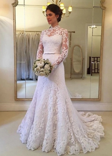 See-through Lace Long Sleeves Wedding Gown with High Neck