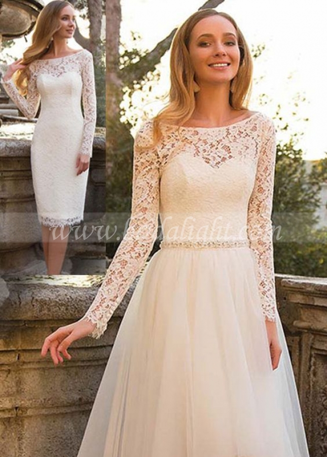 Short Lace Wedding Dresses with Detachable Tulle Skirt