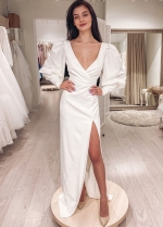Sheath V-neck Long Sleeves Bridal Gown with Slit