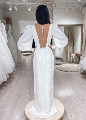 Sheath V-neck Long Sleeves Bridal Gown with Slit