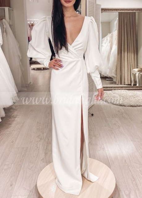 Cheap Sheath V-neck Long Sleeves Bridal Gown with Slit Online ...