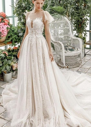 See-through Lace Wedding Dresses with Flounced Sleeves