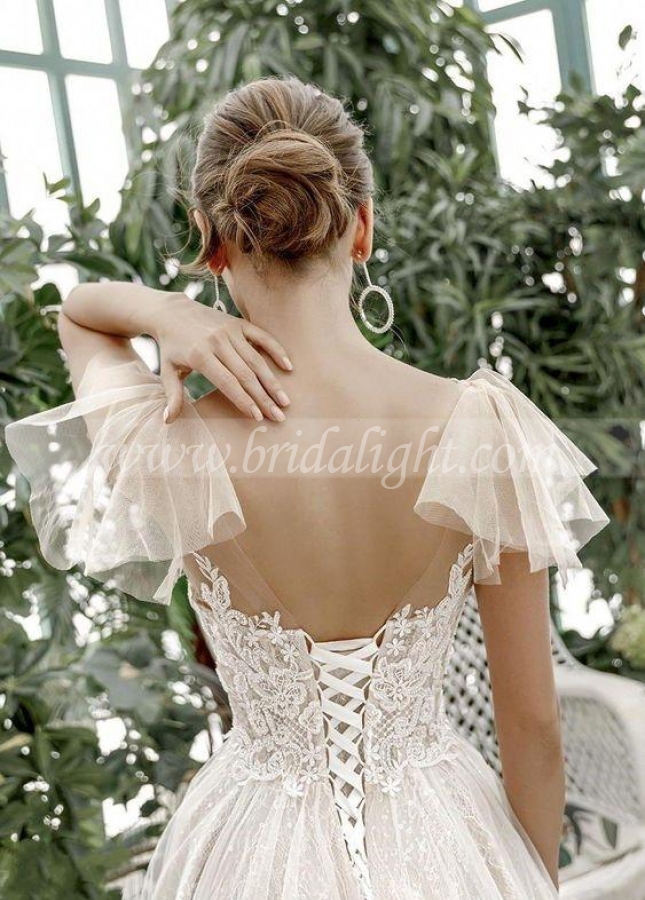 See-through Lace Wedding Dresses with Flounced Sleeves