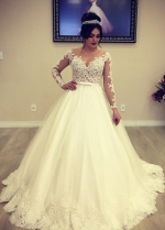Sheer Lace Long Sleeves Wedding Dress with Appliqued Train