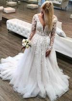 See-through Lace Long Sleeves Wedding Gowns Tulle Skirt