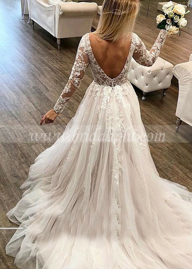 See-through Lace Long Sleeves Wedding Gowns Tulle Skirt