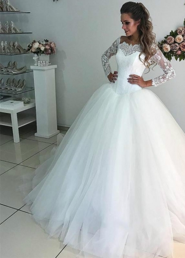 Scalloped Lace Tulle Bridal Dress with Long Sleeves