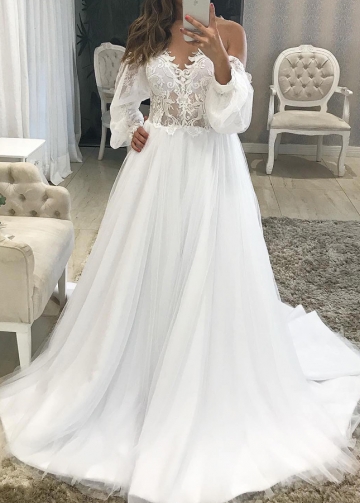 See Through Lace Bodice Wedding Dresses Illusion Neckline Long Sleeves