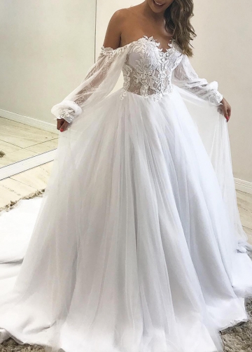 See Through Lace Bodice Wedding Dresses Illusion Neckline Long Sleeves