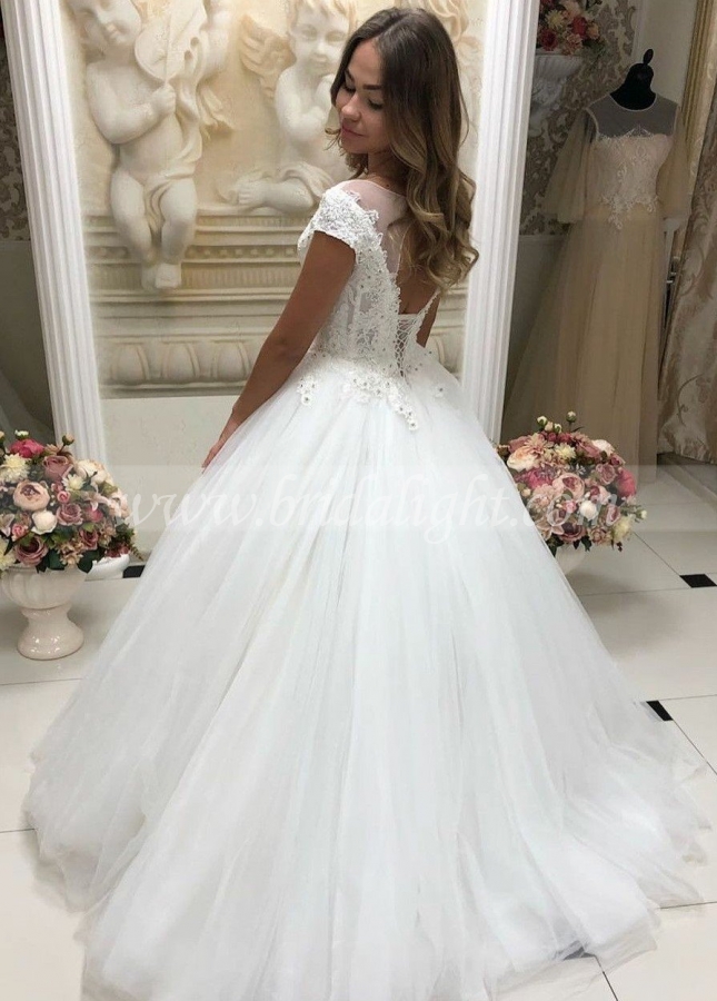 See-through Neckline Tulle Lace Wedding Dresses with Sleeves