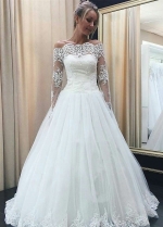 Sheer Lace Long Sleeves Wedding Dresses with Buttons Back