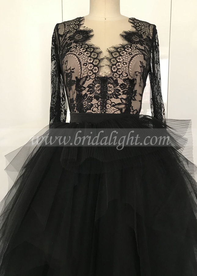 Sheer Lace Long Sleeves Black Wedding Dress with Plunging V-neck