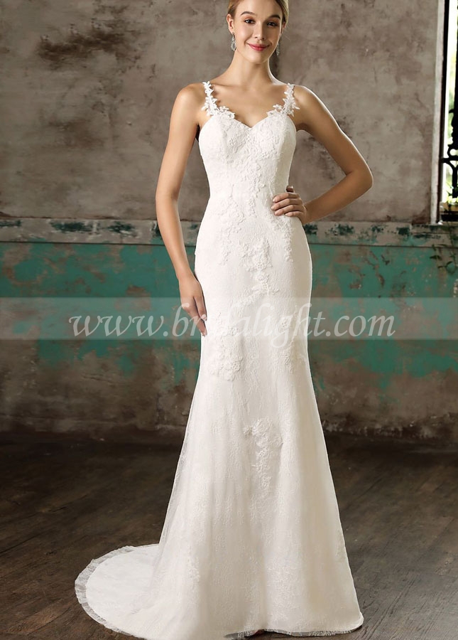 Spaghetti Straps Column Bride Lace Wedding Gown with Detachable Skirt