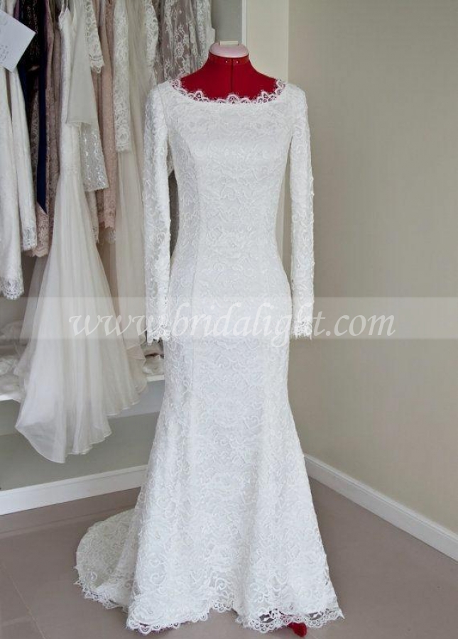 Scoop Neck Lace Winter Modest Wedding Dress Long Sleeves