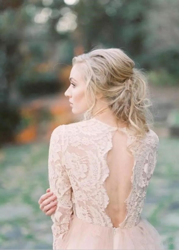 Scalloped Lace V-neck Blush Wedding Dress Long Sleeves vestido de casamento