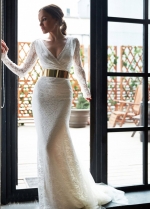 Sheer Long Sleeveless Lace Bridal Gowns with Gold Belt