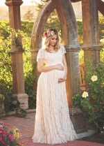 Scoop Neck Lace Pregnant Women Dress with Short Sleeves