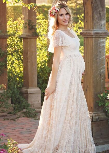 Scoop Neck Lace Pregnant Women Dress with Short Sleeves