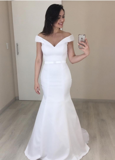 Simple Satin Mermaid Wedding Gown with Off-the-shoulder