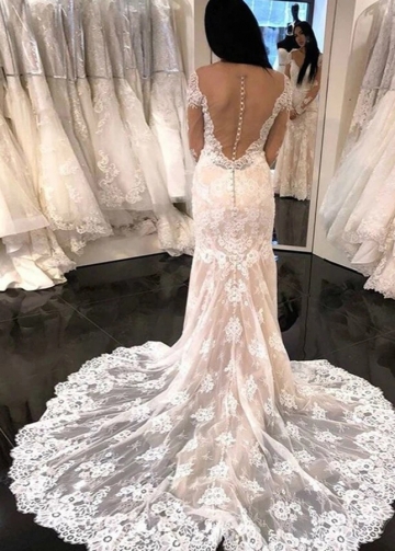 See Through Long Sleeves Lace Wedding Dress Mermaid Style