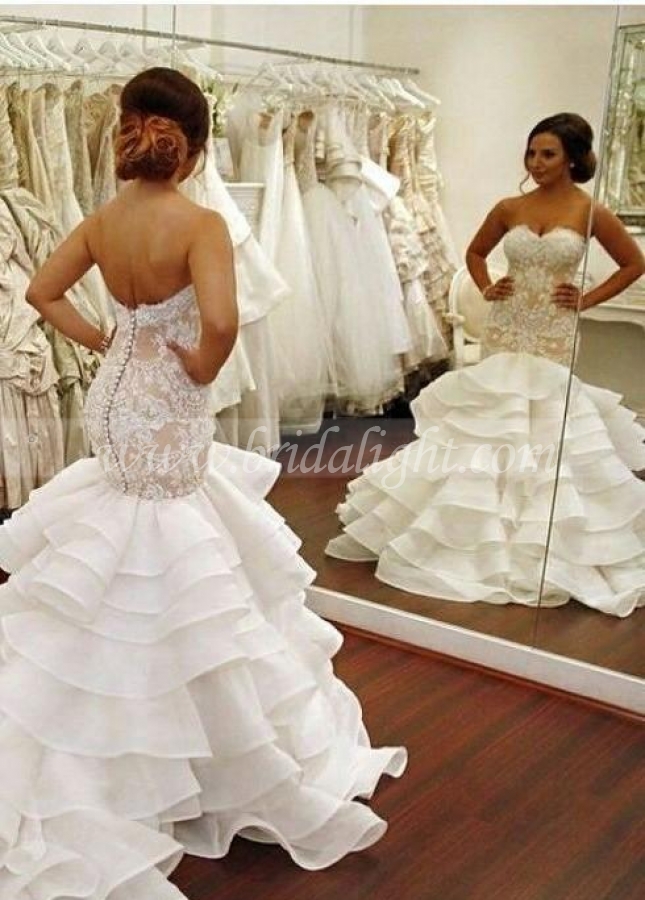 Strapless Lace Wedding Gowns with Mermaid Layers Skirt