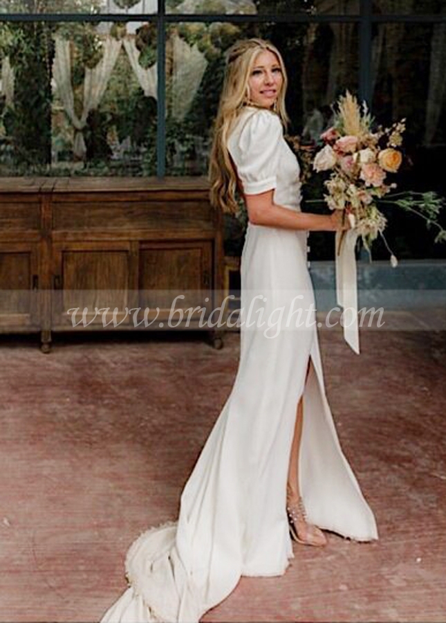 Sheath Cutout Back Wedding Gown with Short Sleeves