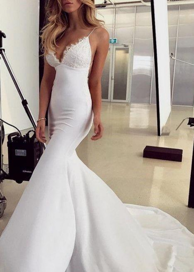 Sexy White Mermaid Style Wedding Dresses with Spaghetti Straps