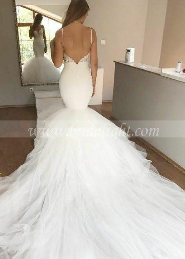 Spaghetti Straps Lace Mermaid Wedding Gown Tulle Skirt