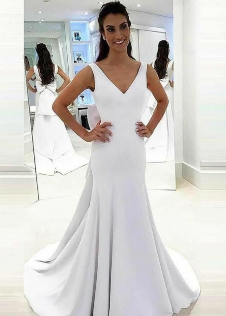 Simple White Satin Trumpet Wedding Dresses with Bow Ribbon