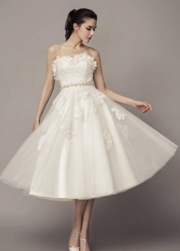 Strapless Causal Tea-length Wedding Dress with Tulle Skirt