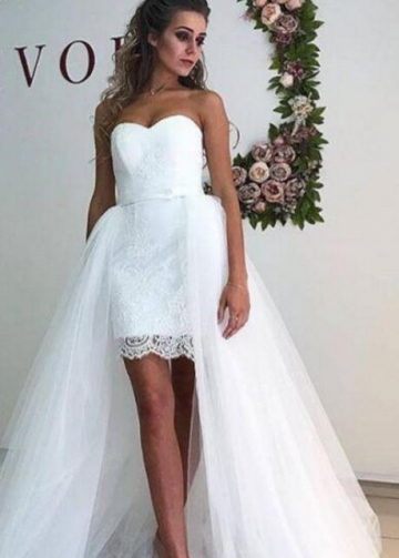 Strapless Short Lace Wedding Gown with Detachable Tulle Skirt