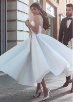Satin Short White Bridal Dresses with Beaded Lace Bodice