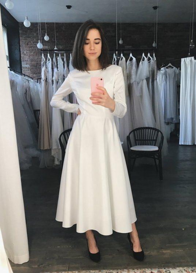Simple Tea-length Casual Wedding Dress with Long Sleeves
