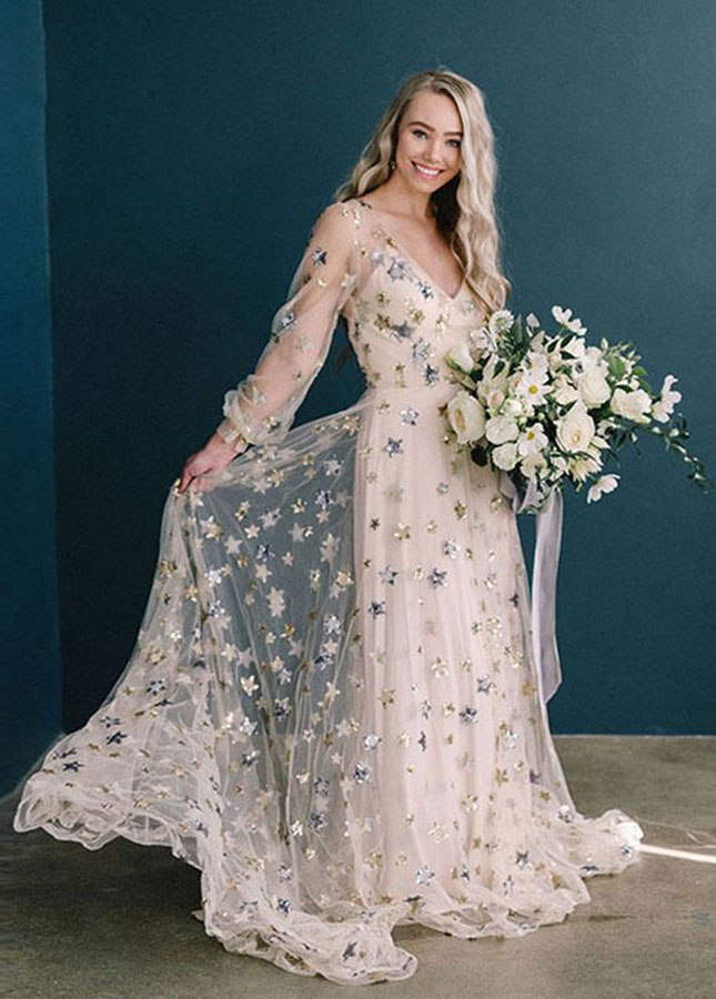 Sparkly Star Sequines Wedding Dresses Light Champagne Long Sleeve Bohemian Bridal Gowns