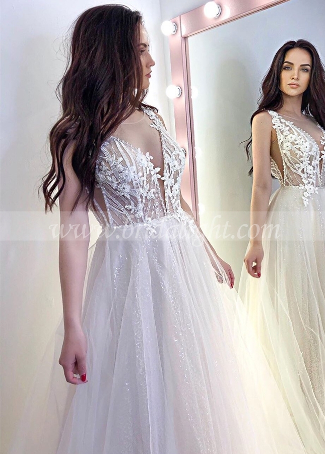 Sparkling Champagne Boho Chic Lace Tulle Wedding Dress 2022