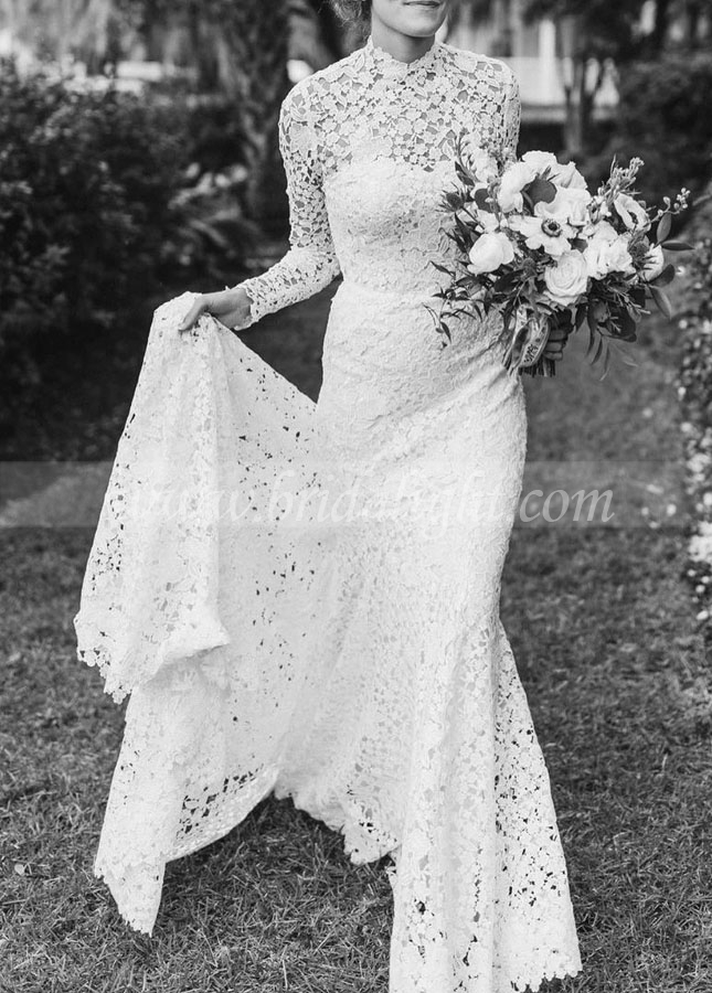 Modest Lace Wedding Dresses Long Sleeves High Neck