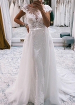 Sheath Lace Cap Sleeves Wedding Dress With Overskirt