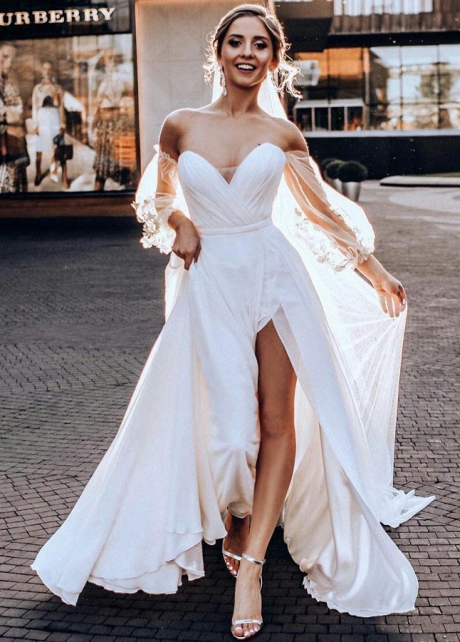 Sweetheart Sheer Sleeves Split Lace Chiffon A-Line Wedding Dress