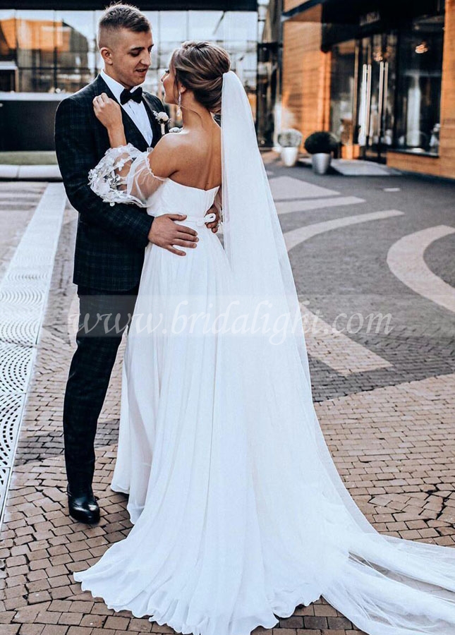 Sweetheart Sheer Sleeves Split Lace Chiffon A-Line Wedding Dress