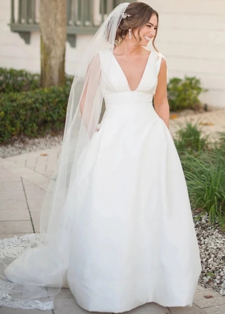 Satin A Line Wedding Dresses V-neck Country Outside Bridal Gowns With Pockets