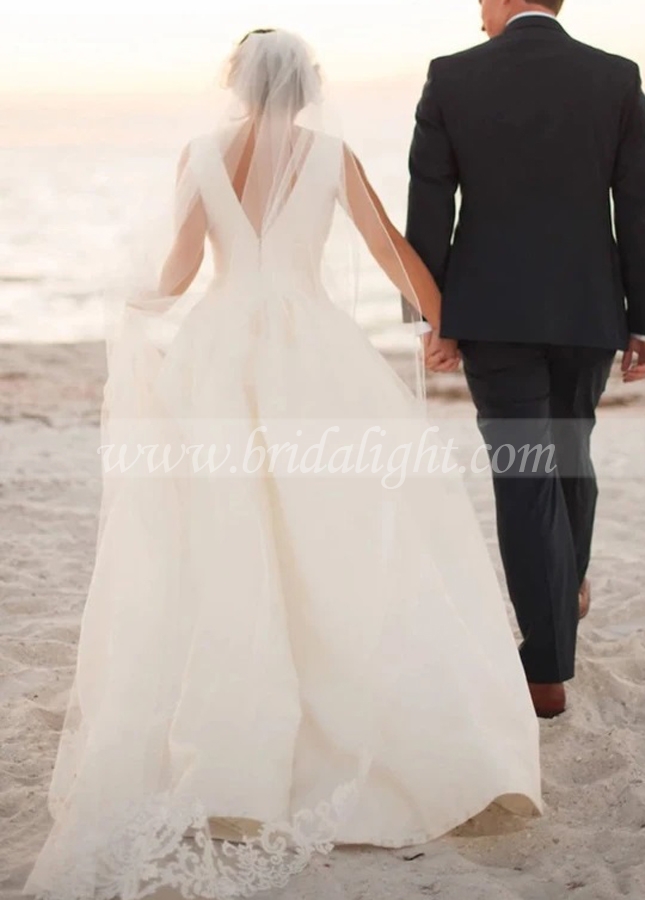 Satin A Line Wedding Dresses V-neck Country Outside Bridal Gowns With Pockets