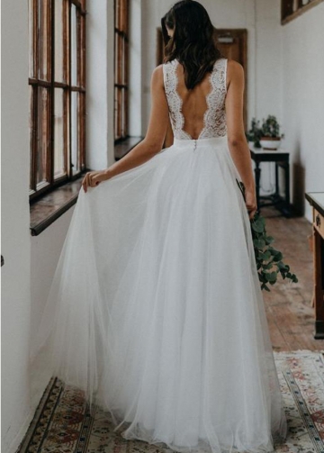 Simple A-Line Lace Tulle Bohemian Wedding Dresses
