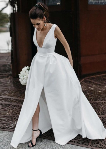 Sexy V Neck Sleeveless Satin Wedding Gowns Vestido De Noiva