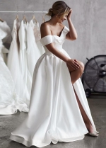 Simple Off the Shoulder Neckline Satin Wedding Dress with Slit