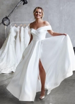 Simple Off the Shoulder Neckline Satin Wedding Dress with Slit