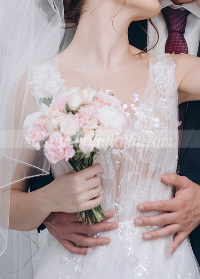 Sparkly Lace Tulle Wedding Dresses A Line Bohemian Bridal Gowns Sequins Beads Vestido de noivas