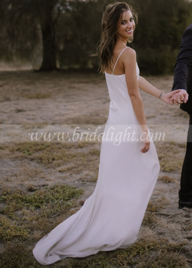 Simple Soft Satin Wedding Dresses Spaghetti Straps Boho Bridal Gowns