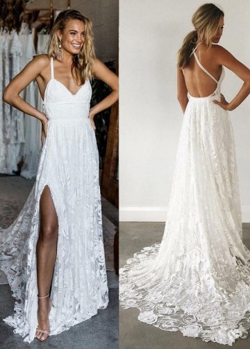 Sexy Beach Ivory Lace Wedding Dresses With Slit Backless