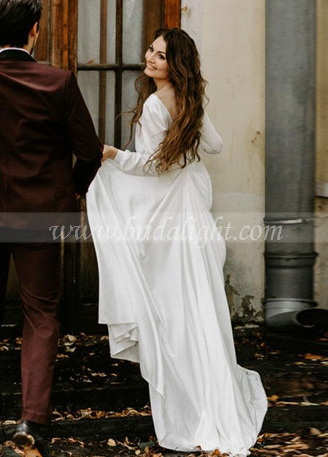 Simple Long Sleeve Wedding Dresses A Line Soft Satin Elegant Bridal Gowns