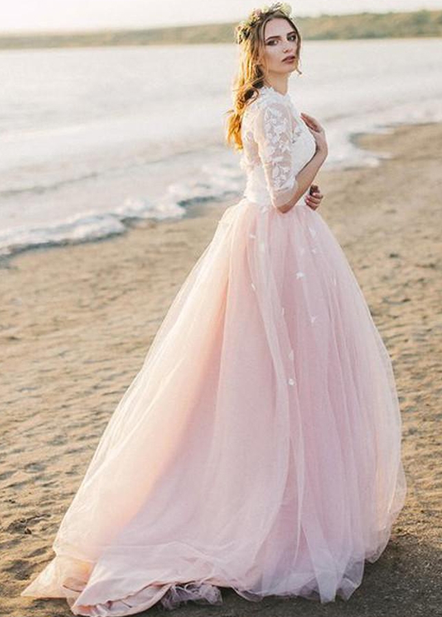 Sexy Spaghetti Straps A-Line Wedding Dresses With Lace Half Sleeves Jacket Two Piece Beach Bride's Wedding Gown